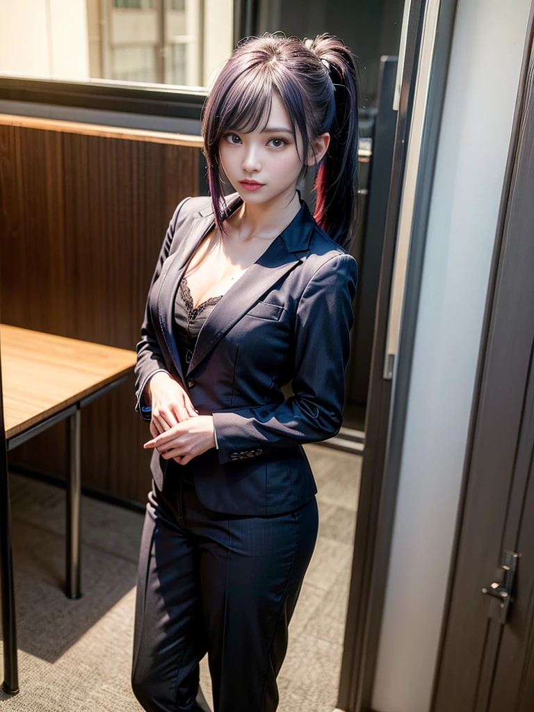 Beautiful woman, 25 years old, high ponytail, bright purple hair (like bright silver), perfect purple hair, Beautiful breasts, (Realistic skin),elegant upper class wearing a black pantsuit, black jacket, white shirt, cleavage visible, black pumps, and a business shirt. Elite secretary, working in the office, wearing a strict business suit, pantsuit style, wearing luxury high heels, girl wearing a shirt, wearing a business suit, wearing a business suit, black nail art, business Wearing a suit, Businessman, Business clothes, Wearing a black business suit, Wearing a white shirt and black jacket, Woman in a business suit, Business suit, Business attire, Raw photo, (8K, highest quality, Masterpiece: 1.2), (Complex Detail: 1.4), (Photoreal: 1.4), Octane Rendering, Complex 3D Rendering Super Detail, Studio Soft Light, Rim Light, Vibrant Detail, Super Detail, Realistic Skin texture, surface details, beautifully detailed eyes, highly detailed CG Unity 16k wallpaper, supplement, (detailed background:1.2),pony tail