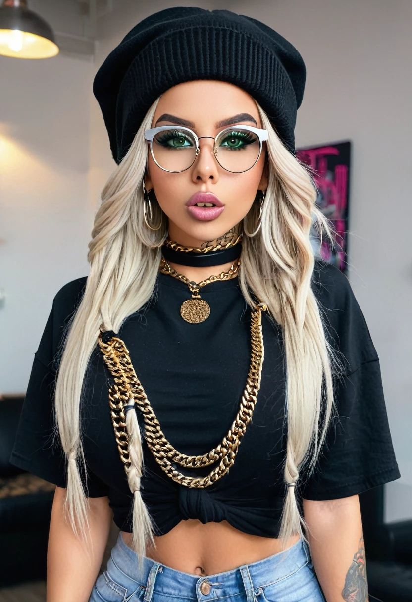 European girl,bimbo,chubby cheeks, microdermal on her cheeks ,enlarged lips,big green eyes,long dreads blonde,gigantic lips,Huge silicone ,narrow waist,gigantic ass,bubble butt,huge round ass,wide hips,thick thighs,long legs,(clothes:An elongated black beanie's gray hat on the back of his head, a white T-shirt tied at the bottom,torn skinny jeans black, a thick chain around his neck,square glasses,earrings,choker),long fingernails,manicure,(orgasm face),(face of ecstasy),(ahegao face),(high quality),(hyper realistic),( realism),(8K,UHD),(tattoo chest),wide claves,(sexy pose,sitting),looking at camera,(bright makeup),((masterpiece)),(role model:swag girl),((detailed face)),solo,pumped ass,perfect women,very tan skin,(location:photo studio),(full body:1.5),front view