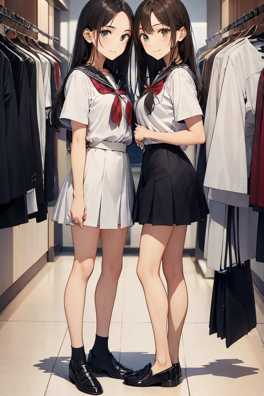 Shopping Street、Two high school girls kissing、seductive smile、Loafer leather shoes、Top of the head