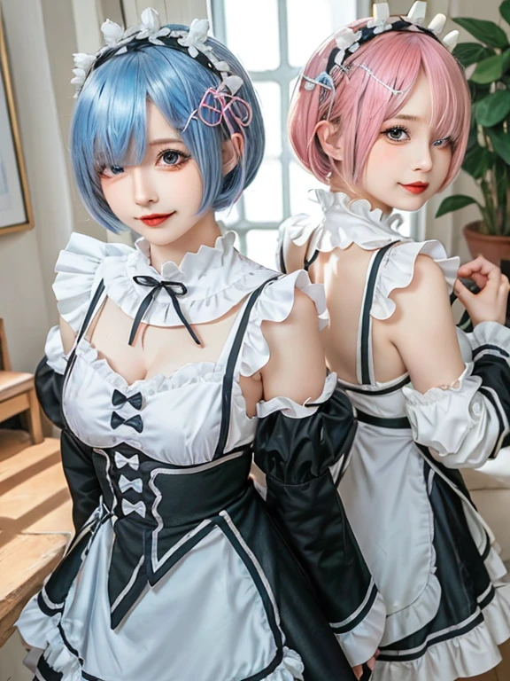 (8K, Photorealistic, Raw photo, of the highest quality: 1.3), (1girl in), Super beautiful, (Realistic face), (boyish, light blue Color Berry Shorthair),(8K, Photorealistic, Raw photo, of the highest quality: 1.3), (1girl in), Super beautiful, (Realistic face), (boyish, pink Color Berry Shorthair), Beautiful , Glare that captivates the viewer, Beautiful expression, Beautiful breasts, (Realistic skin), Be...Create a detailed and colorful image of Ram and Rem from Re:Zero, standing back-to-back in their maid outfits, with a magical fantasy background、14years old, two girls,cute, perfect face, beautiful, nice body, gothic lolita clothes, gothic lolita fashion, frilly skirt, headdress, necklace, bracelet, knee-high socks, boots, double eyelids, tear bags, Detailed down to the fingers, photo-like description, indoors, dim indoor lighting, one girl is pink hair and short bob, another girl is light blue hair and short bob,standing, whole body, composition that shows the whole body, smiling,The Both of them are wearing the same type of maid outfit
