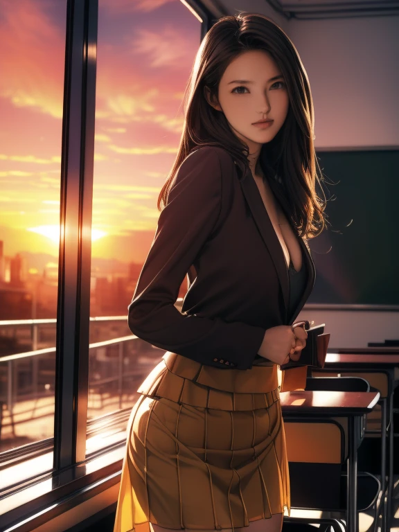 (8k,Photorealistic, masutepiece, Best Quality, Raw photo:1.3)、1woman in, 25years old,Solo,teacher, Long hair, Brown hair, Detailed beautiful face, alluring face, (Detailed beautiful brown eyes:1.2), medium breasts,(loose suit, sheer Skirt :1.35), ( Perfect body skinny beauty: 1.4),( temptation Pose:1.3), (Looking at Viewer, front view,eyes focus:1.2), Detailed background, (sunset:1.2), classroom,fine detailed, intricate detailes, Ray tracing, depth of fields, seductive smile,classroom,