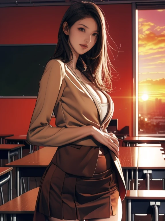 (8k,Photorealistic, masutepiece, Best Quality, Raw photo:1.3)、1woman in, 25years old,Solo,teacher, Long hair, Brown hair, Detailed beautiful face, alluring face, (Detailed beautiful brown eyes:1.2), medium breasts,(loose suit, sheer Skirt :1.35), ( Perfect body skinny beauty: 1.4),( temptation Pose:1.3), (Looking at Viewer, front view,eyes focus:1.2), Detailed background, (sunset:1.2), classroom,fine detailed, intricate detailes, Ray tracing, depth of fields, seductive smile,classroom,