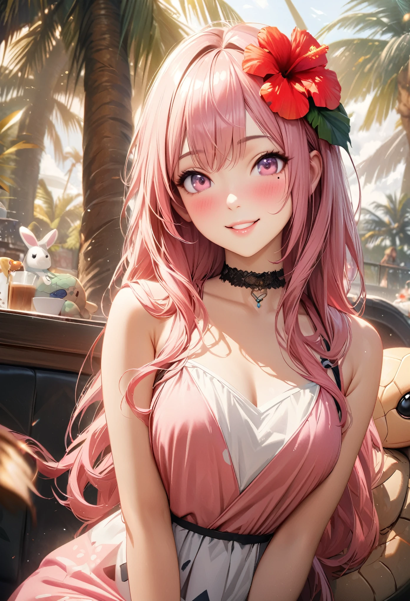 Masterpiece, Best Quality, Highly Detailed, High Definition, High Definition, High Definition, 4k, 8k, Unity 8K Wallpaper, Highly Detailed CG, Masterpiece, Realistic, Beautiful Details, Depth, Fine Texture, Best Quality: 1.3, Total concentration, perfect skin, boyfriend, very cute anime, cute like an idol, tall pink semi-long hair, one girl, Hawaiian dress, cute stuffed rabbit, stuffed sea turtle, palm tree, greeting, hibiscus hair decoration, smile, afternoon, coffeetime,long pink hair, whole body, mole under the eye, gaze, high, blush, lips parted, his art, pink eyes, choker