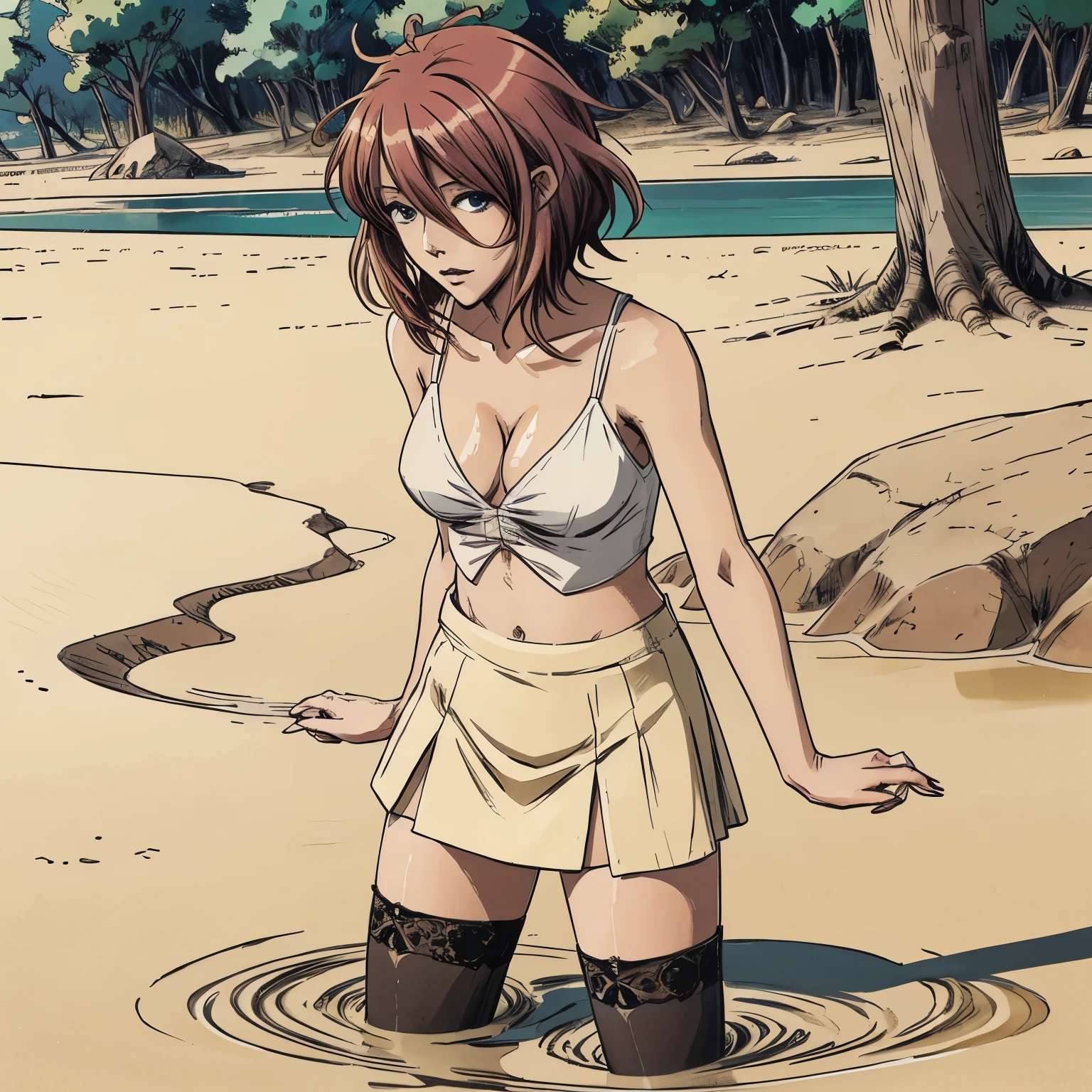 An anime woman with colored hair, skirt, nylon stockings, heels, crop-top, simulates intercourse, in quicksand, drowns,