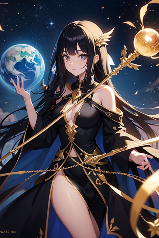 Fantasy sorceress, human, 22 years old, long black hair, wearing men's fantasy travel clothes, holding a staff with a globe attached