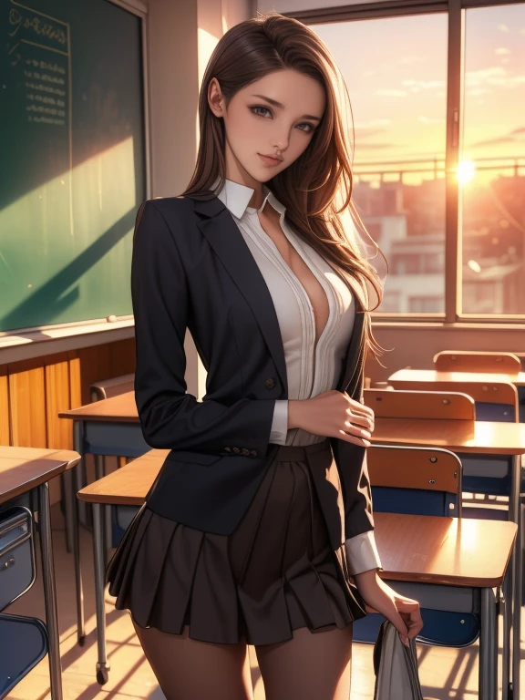 (8k,Photorealistic, masutepiece, Best Quality, Raw photo:1.3)、1woman in, 25years old,Solo,teacher, Long hair, Brown hair, Detailed beautiful face, alluring face, (Detailed beautiful brown eyes:1.2), medium breasts,(loose suit, sheer Skirt :1.35), ( Perfect body skinny beauty: 1.4),( temptation Pose:1.3), (Looking at Viewer, front view,eyes focus:1.2), Detailed background, (sunset:1.2), classroom,fine detailed, intricate detailes,  Ray tracing, depth of fields, seductive smile,classroom,
