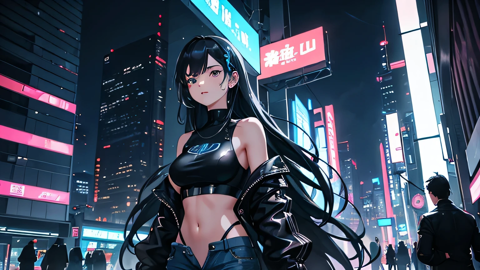 importing the scenery of a futuristic cyber city, surrounded by neon lights and holographic advertisements. The girl is standing on a rooftop, with the wind blowing through her hair. Her eyes are a vibrant, glowing blue, and she has a determined expression on her face. The cityscape behind her is filled with towering skyscrapers and flying cars. The atmosphere is filled with a sense of mystery and excitement. The girl's outfit is made of high-quality materials, reflecting a shiny and sleek texture. She is wearing a black off-shoulder jacket, a black crop top, and black short jeans. The jacket has intricate details and is adorned with futuristic accessories, like glowing LED strips and metal studs. Her crop top has a holographic design that changes colors with her movement. The jeans have a worn-out look, with distressed details and patches of neon-colored fabric. The cyber city is bathed in a dark, moody color palette. The predominant colors are shades of blue, purple, and green, which are intensified by the neon lights illuminating the streets. The holographic advertisements flicker and change, creating a vibrant and dynamic atmosphere. The lighting in the scene is dramatic, with the neon lights casting a vibrant glow on the surroundings. There are stark contrasts between light and shadow, adding to the overall cyberpunk aesthetic. The girl's face is highlighted with soft, cool-toned lighting, emphasizing her features and adding depth to her expression. The image quality of the artwork is of the highest caliber, resembling a 4k or 8k resolution masterpiece. The level of detail is astonishing, capturing every intricate aspect of the scene. The rendering technique used is photorealistic, creating a sense of realism in the cyber cityscape. Overall, the prompt captures the essence of a cyberpunk girl in a futuristic city setting, with attention to detail in her outfit, the cityscape, the color palette, the lighting, and the overall image quality. It sets the stage