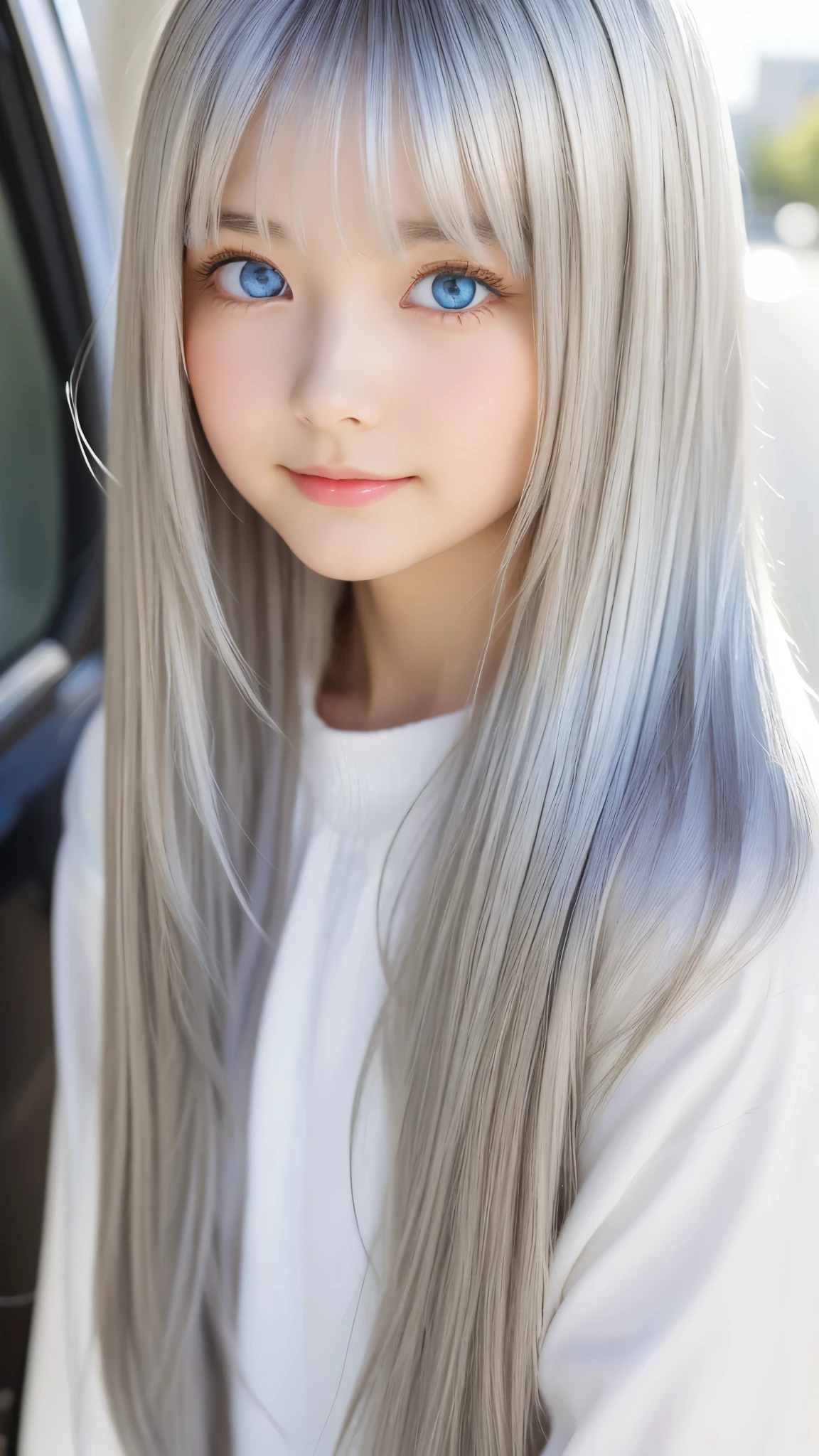Shining, clear, white skin、Her windblown silver hair hides her beautiful face.、huge、28 years old cute sexy little beautiful face、Beautiful straight hair that stands out、growing up, Sparkling light blue eyes、long silky bangs that cover cute eyes, Sexy and cute young woman with super long hair hiding her sexy face、Shining silver hair