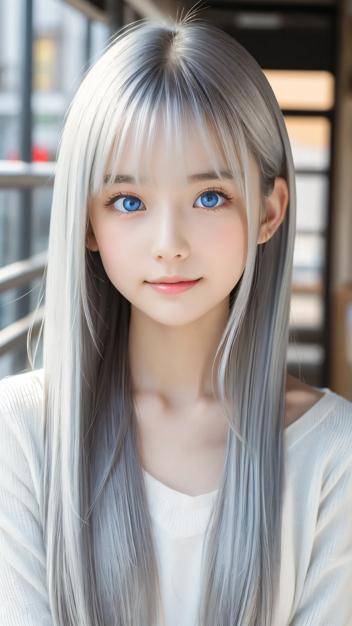 Shining, clear, white skin、Her windblown silver hair hides her beautiful face.、huge、28 years old cute sexy little beautiful face、Beautiful straight hair that stands out、growing up, Sparkling light blue eyes、long silky bangs that cover cute eyes, Sexy and cute young woman with super long hair hiding her sexy face、Shining silver hair