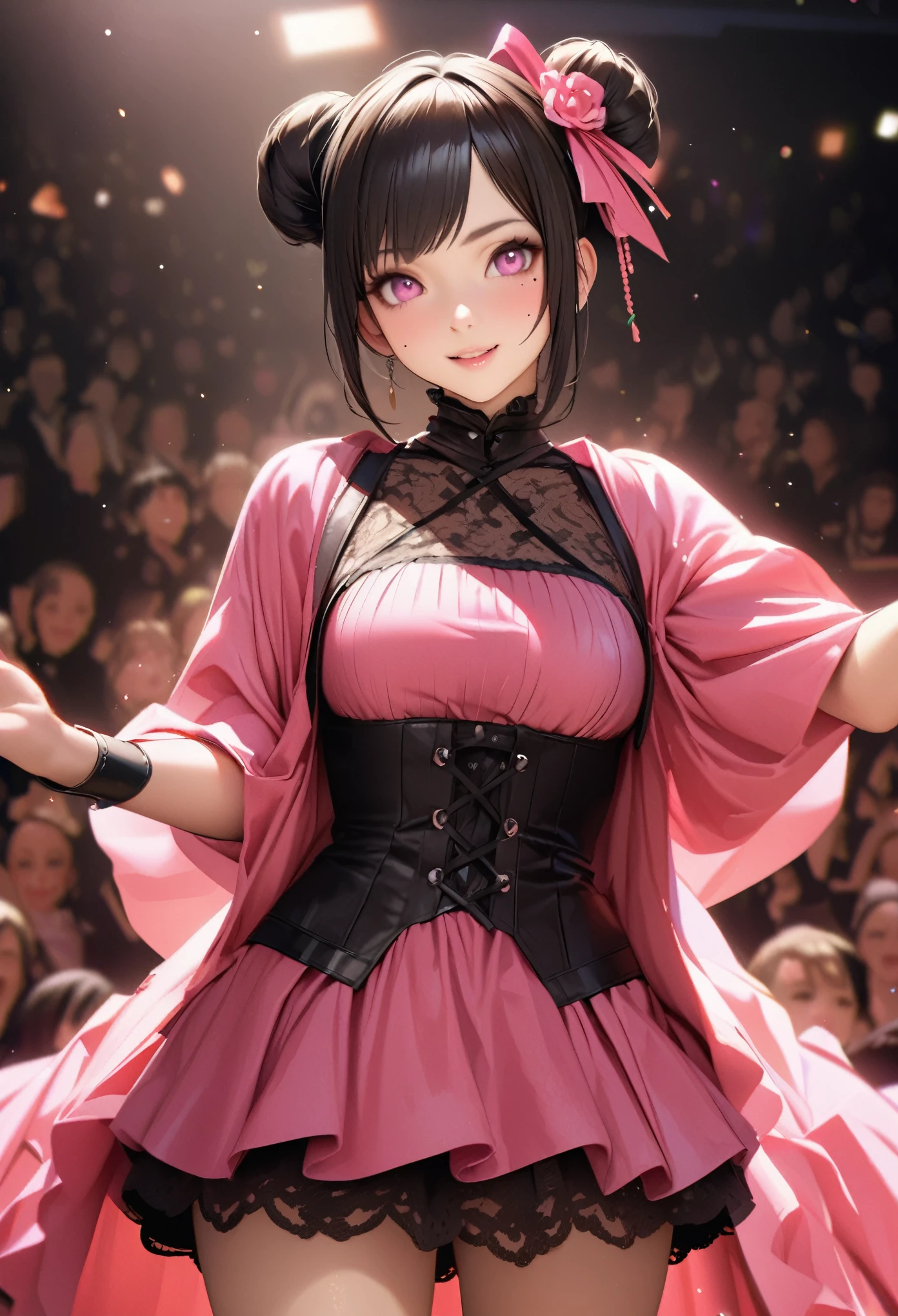 One Girl、Looking at the audience、
Beautiful pink eyes、black hair bun、,Mole under the eye、Plump and glossy lips、Heart-shaped choca、Idol、Her name is Rico,smile、ー、。.。.。.。.。.。.。.。.。.。.。.。.。.。.。.。.。.。.3D、Realistic、
Idol衣装、Short skirt,Drape clothes、gem、The decoration has been removed、Floral、Lace trim,On a glittering stage、
masterpiece、highest quality、8k、Detailed skin texture、Detailed cloth texture、Beautifully detailed face、Intricate details、Very detailed、
超A high resolution、8k Ultra HD、Film Grain、Best Shadow、delicate、Gazing at the audience、front
