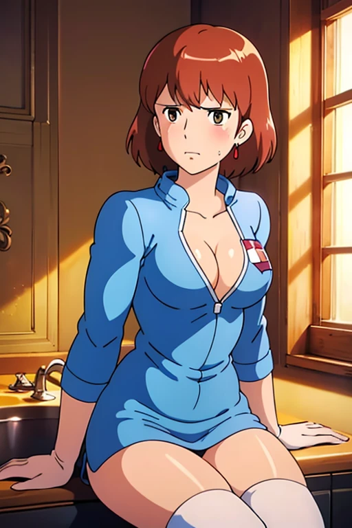 (masterpiece, highest quality, High resolution, 8k, High quality anime illustration, Realistic), High School Girl Nausicaa, very cute, Sad expression, beautiful girl, Pure, , blush, alone, Brown Hair, short hair, Red Gem Earrings, Puzzled, Tragic, Moist eyes, (Looking at the audience), Cleavage, Beautiful breasts, (High School Girl Uniform, mini skirt,Knee-high socks,Micro bikini underwear), Perfect beauty, Slim body, Luxury hotel suites, (Perfectly detailed anatomy, Beautiful and elaborate face&eye:1.5, Shiny skin, Perfect body)、Beautiful buttocks, Biting, I want to see the whole body