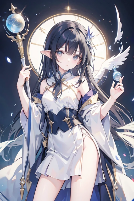 Fantasy sorceress, human, 22 years old, long black hair, wearing men's fantasy travel clothes, holding a staff with a globe attached