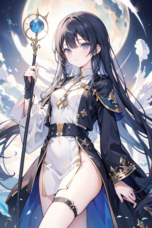 Fantasy sorceress, human, 22 years old, long black hair, wearing men's fantasy travel clothes, holding a staff with a globe attached