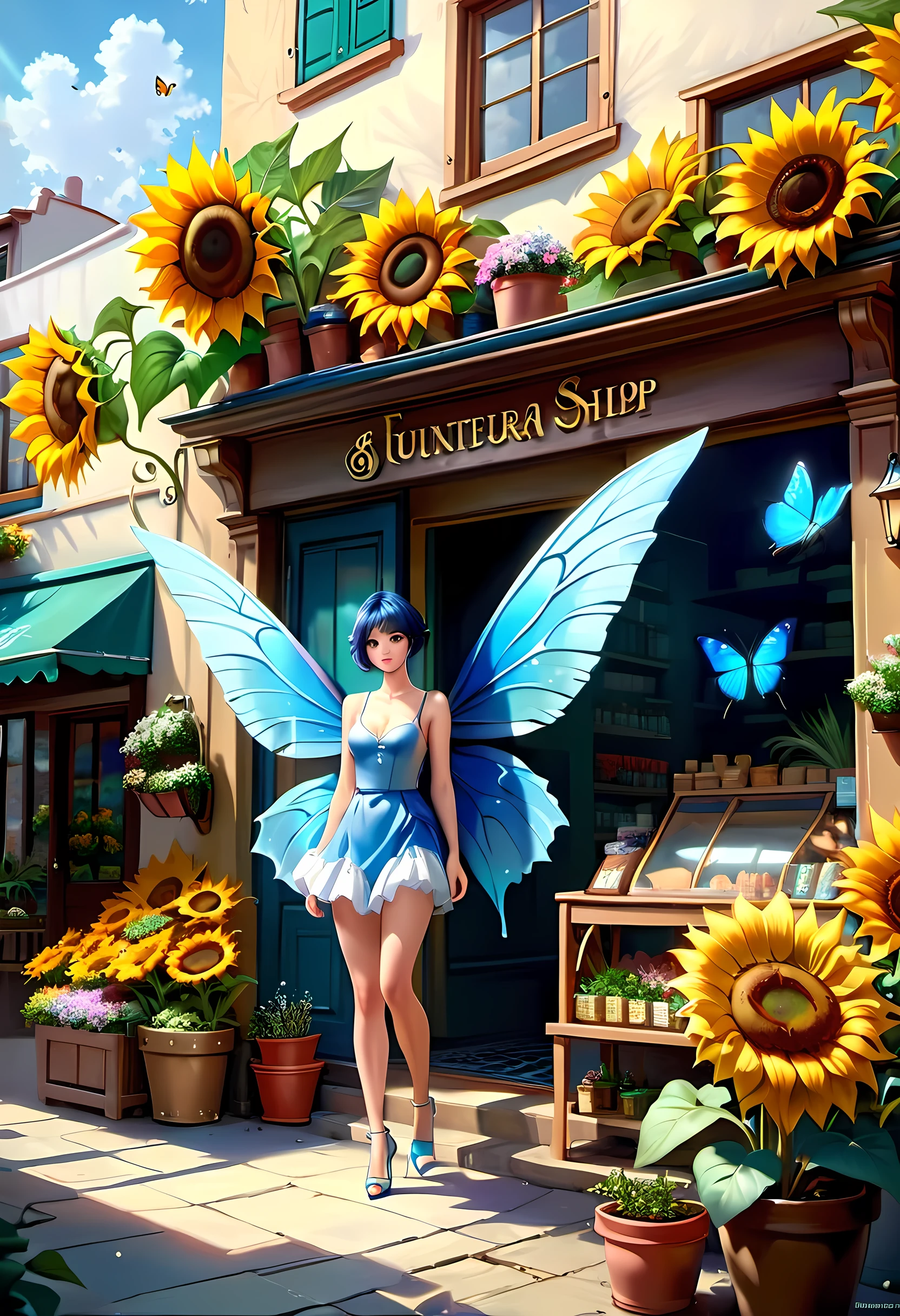 high details, best quality, 16k, RAW, [best detailed], masterpiece, best quality, (extremely detailed), GlowingRunes_paleblue, full body, ultra wide shot, photorealistic, fantasy art, RPG art, D&D art, a picture of a fairy selling flowers in a florist shop, extremely beautiful fairy, ultra feminine (intense details, Masterpiece, best quality), (Blue: 1.3) butterfly wings (intense details, Masterpiece, best quality), blue and white wings (intense details, Masterpiece, best quality),  azure hair, pixie cut hair, shinning hair, flowing hair, shy smile, innocent smile, blue eyes, wearing bright blue skirt, dynamic elegant shirt, chocker, wearing high heels, in flower shop (intense details, Masterpiece, best quality), extreme many (sunflowers: 1.3) (intense details, Masterpiece, best quality), sunflower shop in a modern era street, High Detail, Ultra High Quality, High Resolution, 16K Resolution, Ultra HD Pictures, Ultra Realistic, Clear Details, Realistic Detail, Ultra High Definition, Big Fairy Wings, dvr-lthr, lace drawing,