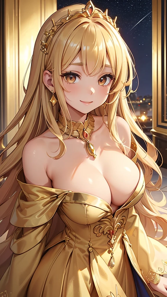 ​masterpiece、top-quality、(Blonde colored long hair、I have bangs:1.1)、(25 year old woman)、 (gold eyes:1.5)、(Big round eyes:1.5)(wearing a gold off-shoulder dress:1.2)、(Emphasis on the chest:1.1)、(modest smile expression:1.3)、(Staring:1.5)、(Close-up of the subject's face:1.3)、standing、five perfect and beautiful fingers、place the camera over the subject、The background is the party venue、Bold composition、Upper body is shown、Alone、Gold bracelet、Gold necklace with blue gemstone、Gold Tiara、Open your mouth、(Curly Hair)、(Large Breasts:1.0)、Gold Collar、midnight、Starry Sky、Palace balcony、(Glowing Skin:1.2)、(whole body:1.5)