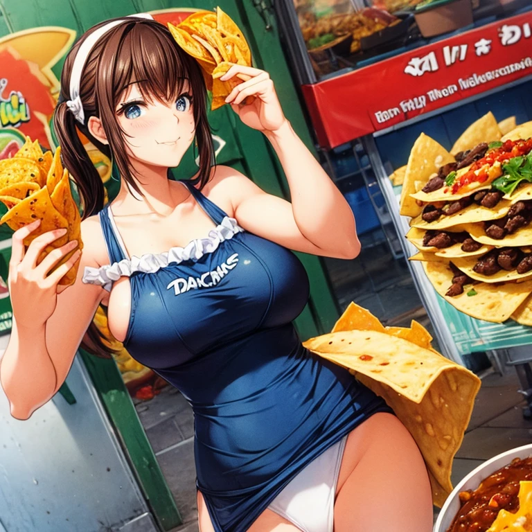 Woman eating tacos, tortillas and nachos at a Mexican food stall　Tight clothing　highest quality