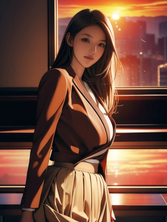 (8k,Photorealistic, masutepiece, Best Quality, Raw photo:1.3)、1woman in, 25years old,Solo,teacher, Long hair, Brown hair, Detailed beautiful face, alluring face, (Detailed beautiful brown eyes:1.2), medium breasts,(loose suit, sheer Skirt :1.35), ( Perfect body skinny beauty: 1.4),( temptation Pose:1.3), (Looking at Viewer, front view,eyes focus:1.2), Detailed background, (sunset:1.2), classroom,fine detailed, intricate detailes, Ray tracing, depth of fields, seductive smile,classroom,