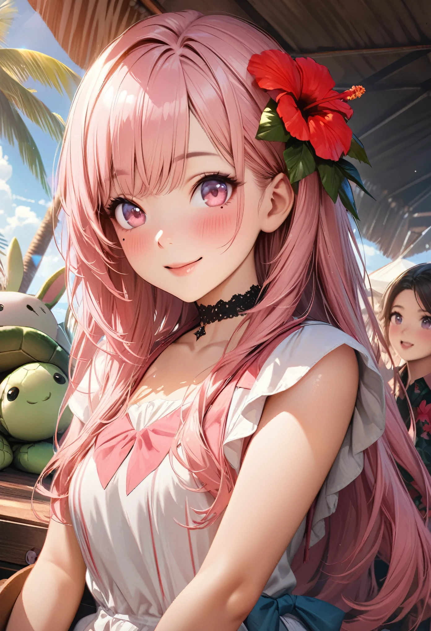Masterpiece, Best Quality, Highly Detailed, High Definition, High Definition, High Definition, 4k, 8k, Unity 8K Wallpaper, Highly Detailed CG, Masterpiece, Realistic, Beautiful Details, Depth, Fine Texture, Best Quality: 1.3, Total concentration, perfect skin, boyfriend, very cute anime, cute like an idol, tall pink semi-long hair, one girl, Hawaiian dress, cute stuffed rabbit, stuffed sea turtle, palm tree, greeting, hibiscus hair decoration, smile, afternoon, coffeetime,long pink hair, whole body, mole under the eye, gaze, high, blush, lips parted, his art, pink eyes, choker