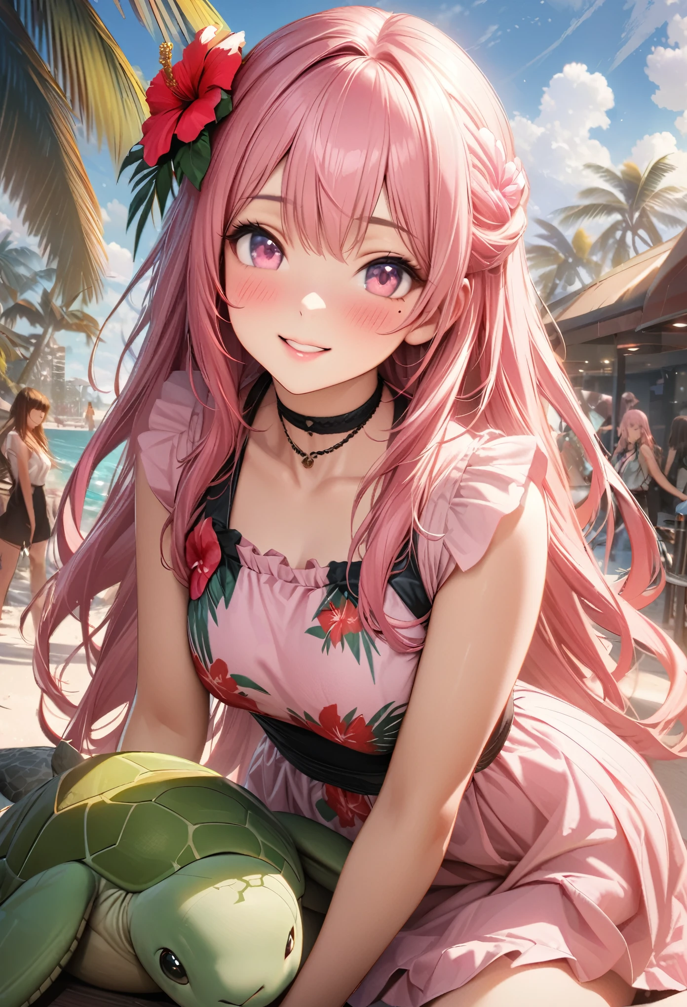 Masterpiece, Best Quality, Highly Detailed, High Definition, High Definition, High Definition, 4k, 8k, Unity 8K Wallpaper, Highly Detailed CG, Masterpiece, Realistic, Beautiful Details, Depth, Fine Texture, Best Quality: 1.3, Total concentration, perfect skin, boyfriend, very cute anime, cute like an idol, tall pink semi-long hair, one girl, Hawaiian dress, cute stuffed rabbit, stuffed sea turtle, palm tree, greeting, hibiscus hair decoration, smile, afternoon, coffeetime,long pink hair, whole body, mole under the eye, gaze, high, blush, lips parted, his art, pink eyes, choker