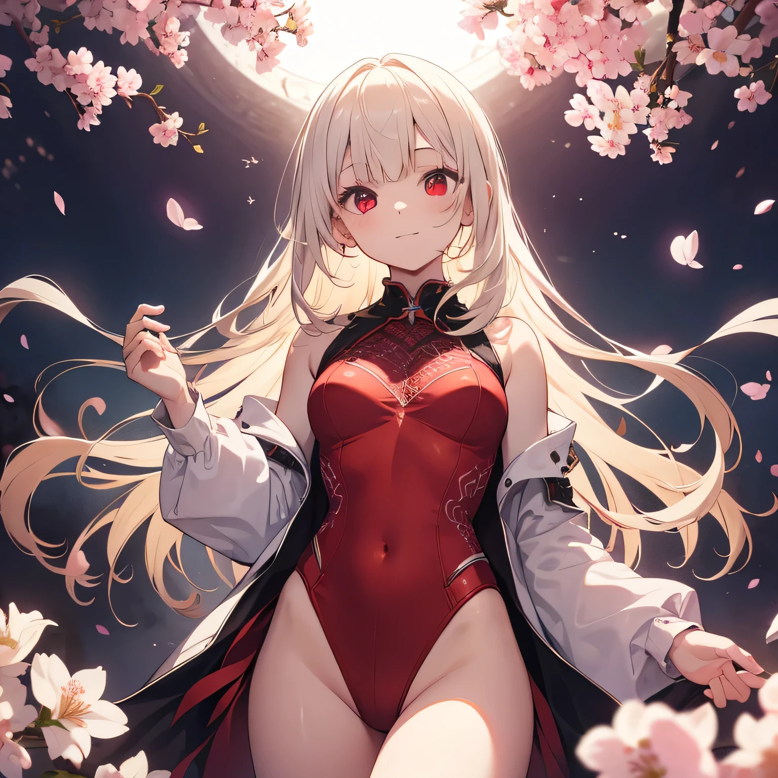 Beautiful illustrations、highest quality、Cute girl、(Conversion Sequence)、Magic 、((leotard))、Little、white Magic girl、Fractal Art、albino、Baby Face、Long pure white red mesh hair,,,,,,,,,,,、Beautiful and detailed red eyes、Cinematic lighting、Cowboy Shot、Looking at the audience、From below、happiness、The background is cherry blossoms