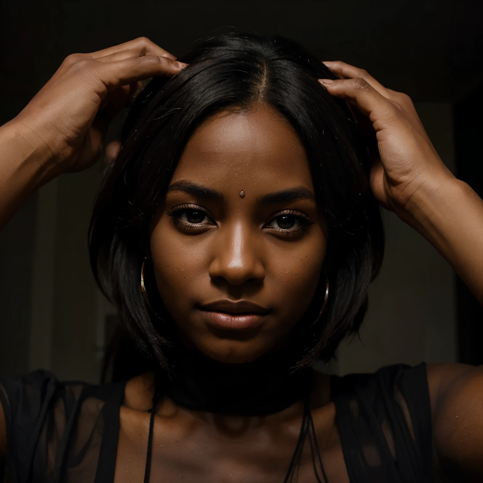a dark-skinned woman with beautiful expressive eyes - the man's skin is mulatto and the man's hair is black while the woman's skin is black and the woman's hair is straight and brown. They are a bright room, cada um com um sorriso no rosto, e compartilhar um momento especial caracterizado pelo amor, Perceptions. Illustrate this scene from a perspective where they are facing the camera, smiling and showing your connection. Desenvolva esta arte em Full HD, Focus on your cinematic flair, Disney Pixar animation style
