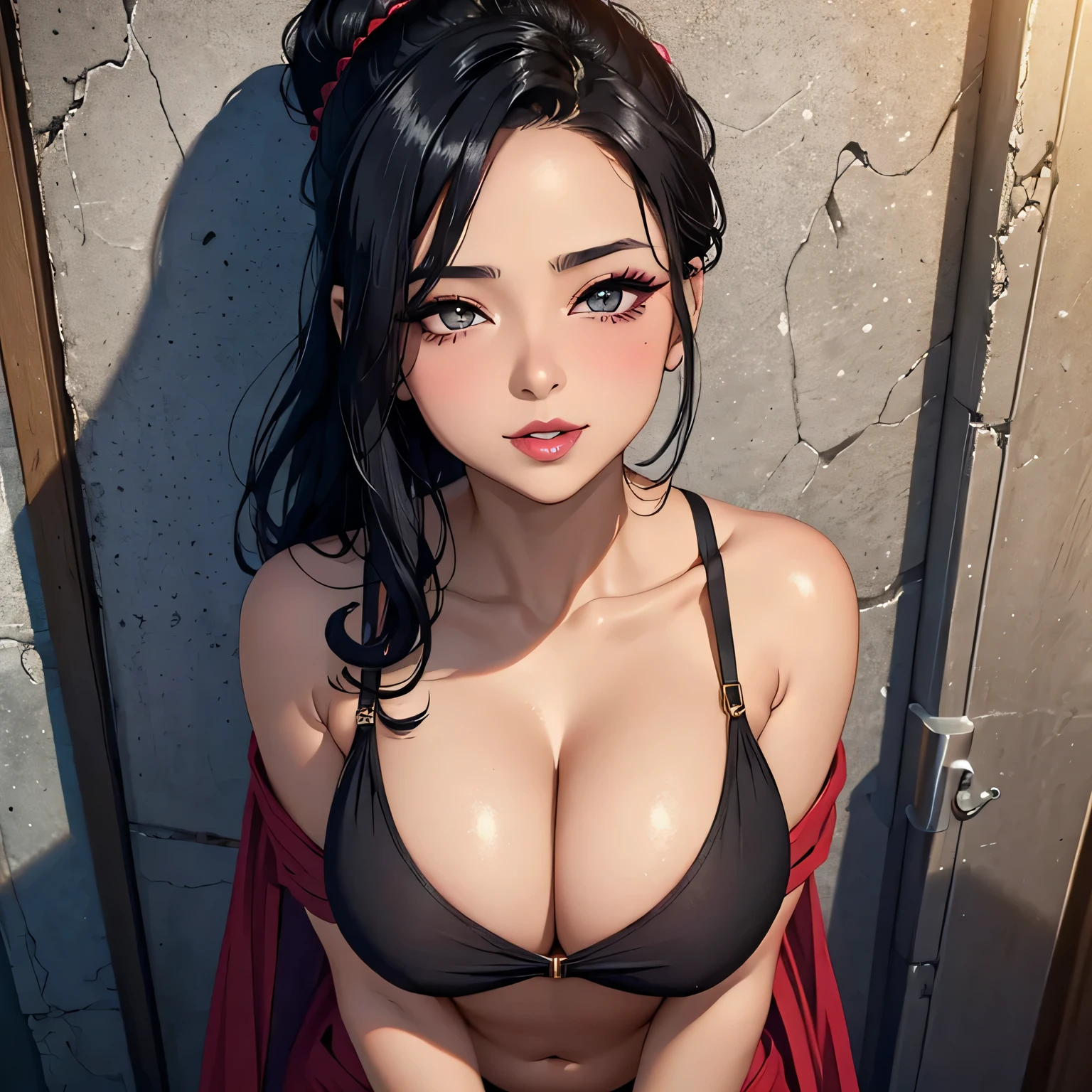 Sexy woman, MILF, neighbour, black hair in a bun, seductive eyes, blushing, seductive smile, amazing makeup, lots of eyeliner, lips parted, wearing a saree, medium chest, cleavage, lustful look, pinned against a wall, pleasantly surprised, ready to kiss