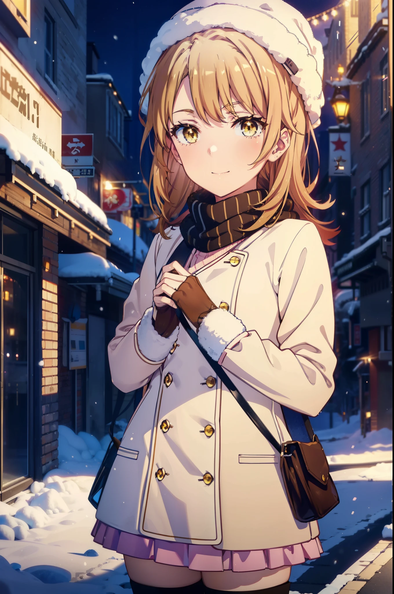 irohaisshiki, Iroha Isshiki, Long Hair, Brown Hair, (Brown eyes:1.5), Hair between the eyes, Pink Hair,happy smile, smile, Open your mouth,Knitted hat,Yellow coat,White scarf,White sweater,He has fluffy gloves on both hands..,Long skirt,black tights,short boots,Shirogane World,Snow is piled up,it's snowing,It's snowing,winter,Cold Sky,moonlight,full moon,night,
break looking at viewer, whole body, Upper Body,(Cowboy Shot:1. 5)
break outdoors, city,Building Street,
break (masterpiece:1.2), highest quality, High resolution, unity 8k wallpaper, (shape:0.8), (Fine and beautiful eyes:1.6), Highly detailed face, Perfect lighting, Highly detailed CG, (Perfect hands, Perfect Anatomy),