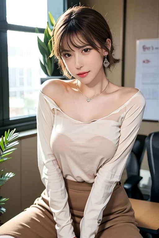 woman in office room, plant, window, A masterpiece of sexy poses))), ((best quality)), ((complicated)), ((Surreal)), Stupid reply, mature Miss, mature Miss, view, Very detailed, shape, 1 girl, ((Large Breasts)), Perfect hands, Finger details, beautiful eyes, short hair, Brown eyes, Open Office Shirt, tight skirt, Black necklace, earrings, stocking, Detailed background, bedroom, Perfect eyes, Charming eyes, Looking at the audience, Open your legs, Reach your hand into your pants,((Miss'Express, eyes closed,The temperature of the air, A face makes a sad sound, Ecstatic face, Facing the edge)), From below,Wet by the rain