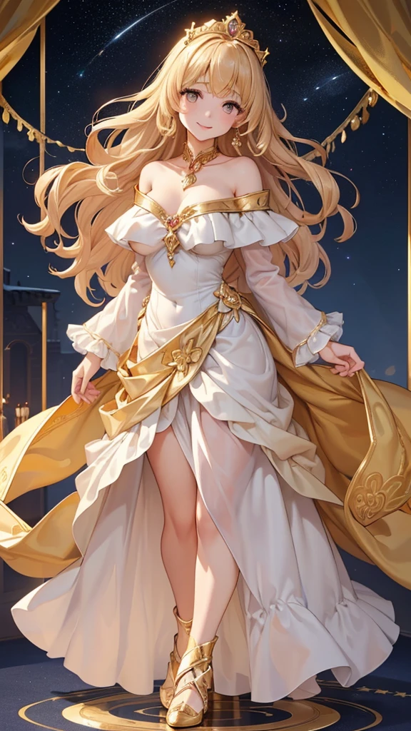 ​masterpiece、top-quality、(Blonde colored long hair、I have bangs:1.1)、(25 year old woman)、 (gold eyes:1.5)、(Big round eyes:1.5)(wearing a gold off-shoulder dress:1.2)、(Emphasis on the chest:1.1)、(modest smile expression:1.3)、(Staring:1.5)、(Close-up of the subject's face:1.3)、standing、five perfect and beautiful fingers、place the camera over the subject、The background is the party venue、Bold composition、Upper body is shown、Alone、Gold bracelet、Gold necklace with blue gemstone、Gold Tiara、Open your mouth、(Curly Hair)、(Large Breasts:1.0)、Gold Collar、midnight、Starry Sky、Palace balcony、(Glowing Skin:1.2)、(full body:1.5)
