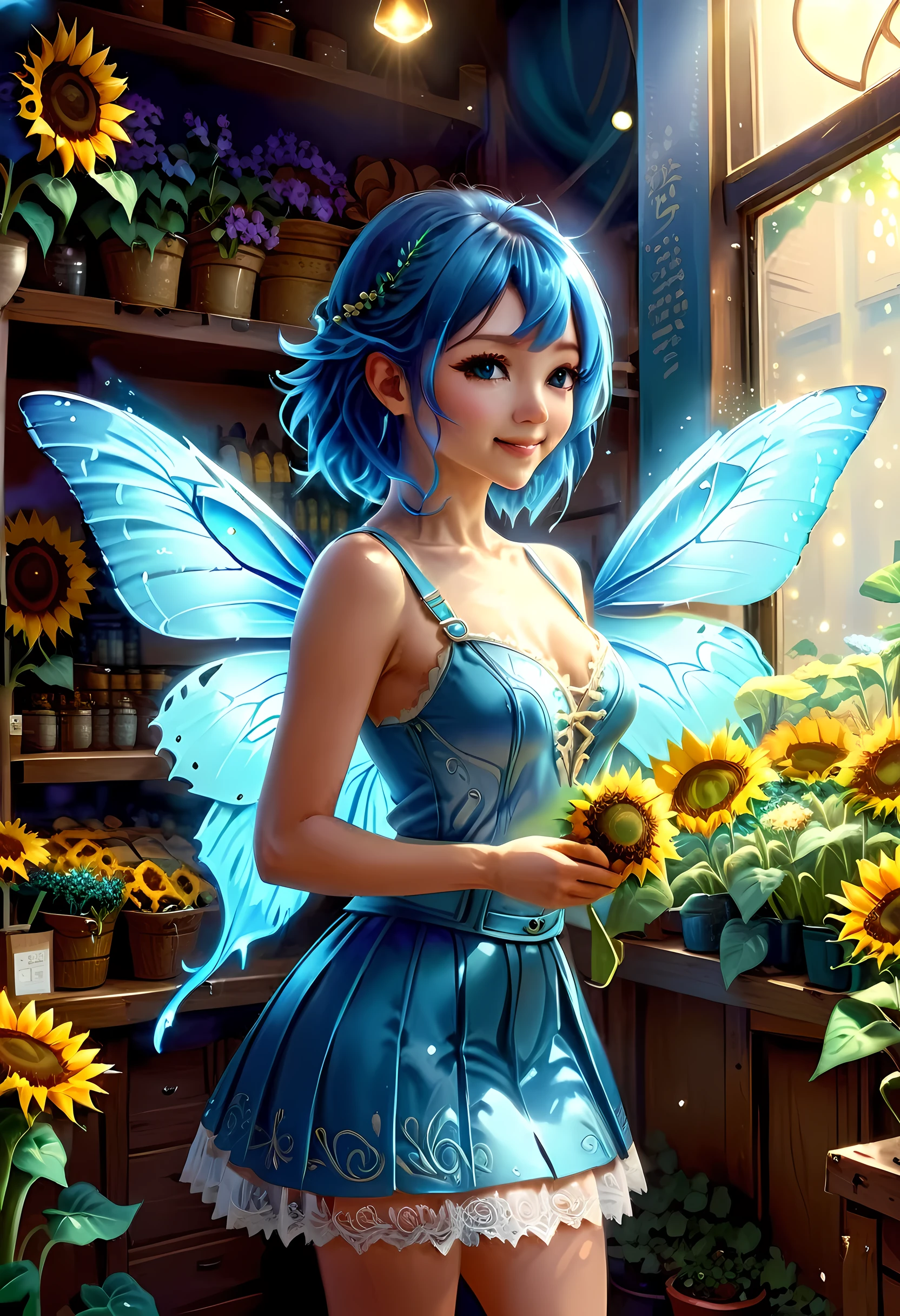 high details, best quality, 16k, RAW, [best detailed], masterpiece, best quality, (extremely detailed), GlowingRunes_paleblue, full body, ultra wide shot, photorealistic, fantasy art, RPG art, D&D art, a picture of a fairy selling flowers in a florist shop, extremely beautiful fairy, ultra feminine (intense details, Masterpiece, best quality), (Blue: 1.3) butterfly wings (intense details, Masterpiece, best quality), blue and white wings (intense details, Masterpiece, best quality),  azure hair, pixie cut hair, shinning hair, flowing hair, shy smile, innocent smile, blue eyes, wearing bright blue skirt, dynamic elegant shirt, chocker, wearing high heels, in flower shop (intense details, Masterpiece, best quality), extreme many (sunflowers: 1.3) (intense details, Masterpiece, best quality), sunflower shop in a modern era street, High Detail, Ultra High Quality, High Resolution, 16K Resolution, Ultra HD Pictures, Ultra Realistic, Clear Details, Realistic Detail, Ultra High Definition, Big Fairy Wings, dvr-lthr, lace drawing,