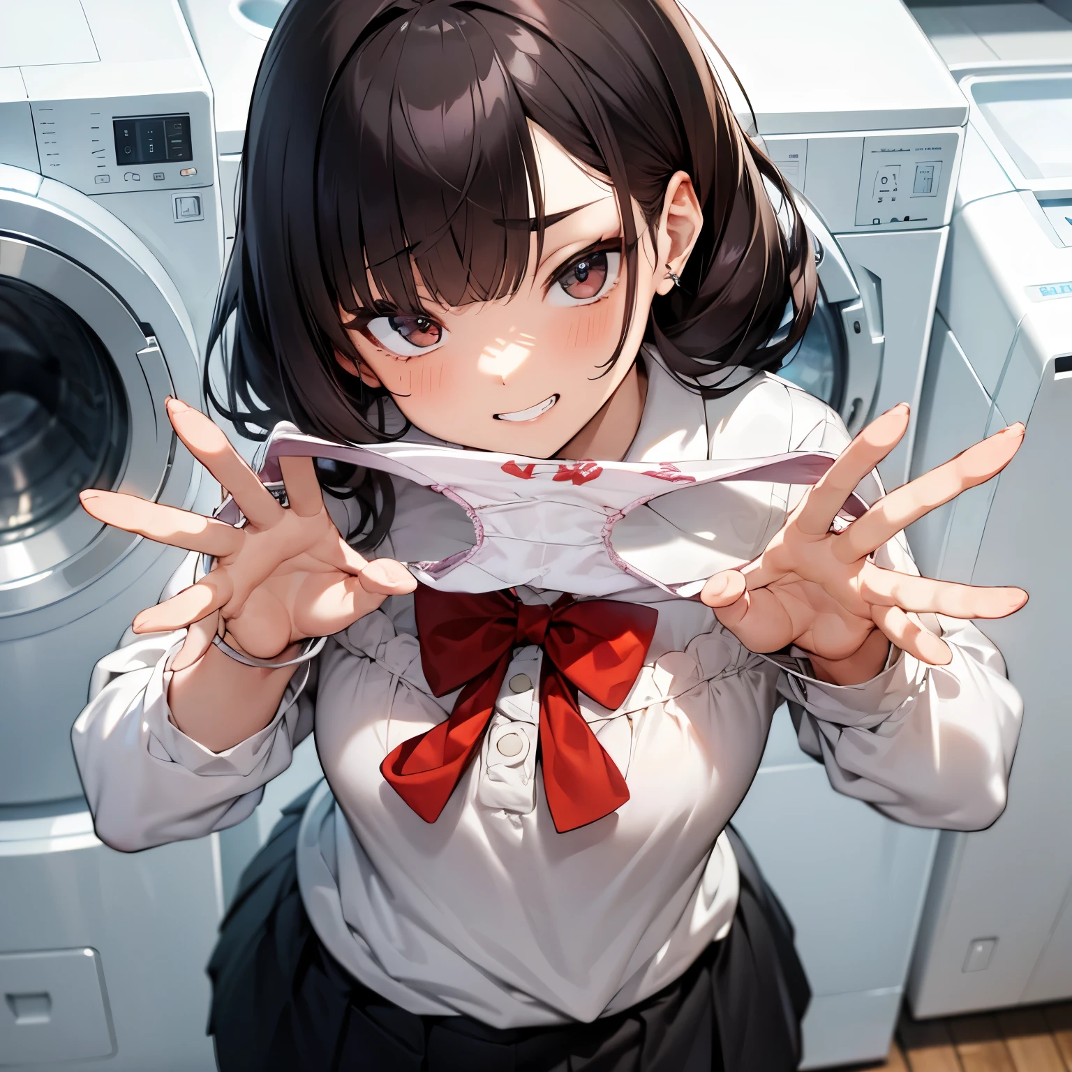 1girl,
Laundry room,laundry machine, laundry bascket, a few underwears are in a laundry bascket,
Strands of hair,Farben Hair color, tiny chest、red blush, Bow, Red bow, Long sleeves, Shirt, Collared shirt, Skirt, Pleated skirt, Black skirt, tiny chest,
{{{face Close up}}},Upper body,,Focus on panties,Fine underwear,
Looking down,Look at the viewer,
Presenting Panties,
masutepiece, Best Quality, , absurderes, Perfect Skin, Detailed skin texture, ultra-detailliert, 8K, Intricate details, beautifull detailed face,hight resolution,
 {{{shaded face}}}, mock, {{{clenched teeth:1.2}}}, grin, smile, looking down at viewer, masterpiece,absurderes, beautiful detailed face
From the front,