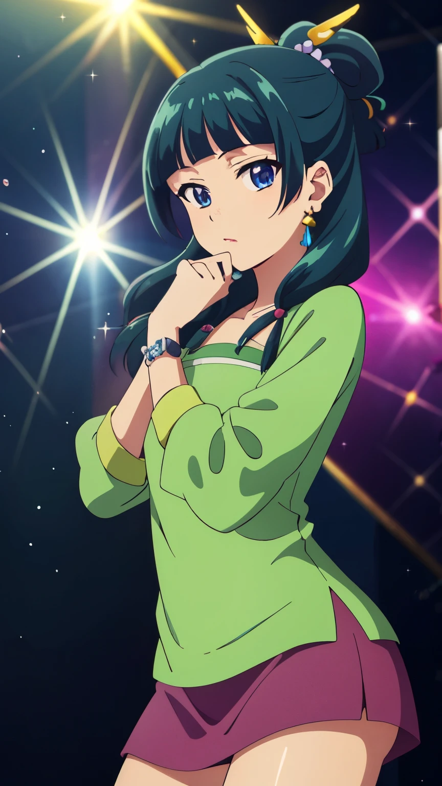 Top quality (8k, high resolution, masterpiece: 1.2), super detailed, anime art style, dynamic angle, style, (rock costume, miniskirt, earrings, wrist accessories, rock band stage), detailed green hair, detailed blue eyes, intricate hairstyle, long hair , slim body, sparkling eyes, youthful, hair accessories, earrings, half-updo, slightly dull bangs, detailed lighting, bright colors, looking at the viewer, in the center of the image, cowboy shot,