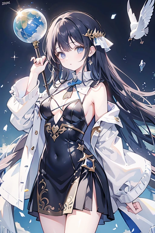 Fantasy sorceress, human with Italian features, 22 years old, long black hair, wears men's fancy travel clothes, holds a stick with a globe fixed on the end.