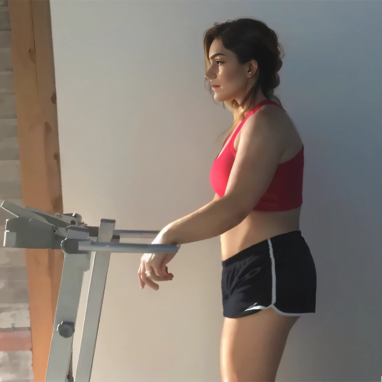 A beautiful woman, (ultra quality masterpiece) Caucasian with toned body, 35 years old, 1.62 tall, 60 kg, poses gracefully for the camera, treadmill, best quality, Unity 32K CG detailed wallpapers, clean skin , medium length breasts, perfect facial makeup, perfect mouth, perfect hands, (straight black hair with (((stylish blonde highlights)))), is standing, (full body) wearing red top, red, short shorts for training gym, in black color, tanned body, sexy pose, shapely legs 3.6, well defined, high contrast, Ultra HD, photo taken from a high-tech camera, high-tech camera quality, high contrast, clean skin photography and shiny, lots of sweat on the body and face, 16K.
She wears a tight red blouse that accentuates her slim waist and defined muscles, revealing well-sculpted arms and shoulders. Her naturally radiant skin glows in the HDR light and her piercing blue eyes shine with inner warmth and vitality. The vivid, hyper-detailed textures of her hair and clothing add depth and texture to the image, making it a captivating, ultra-realistic masterpiece.
