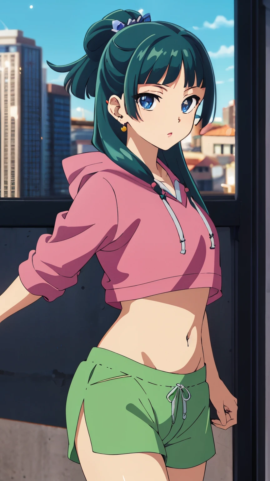 Top quality (8k, high resolution, masterpiece: 1.2), super detailed, anime art style, dynamic angle, teen style, (open hoodie, navel, shorts, city), detailed green hair, detailed blue eyes, intricate hairstyle, long hair , slim body, sparkling eyes, youthful, hair accessories, earrings, half-updo, slightly dull bangs, detailed lighting, bright colors, looking at the viewer, in the center of the image, cowboy shot,