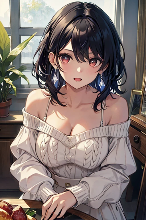 masterpiece, yor, 1girl, Bust A Cup, Amazing Cleavage:1.0, thin waist, big ass, Raised sexy, big breast: 1.2 posed cleavage:1.2、solo, looking at viewer, open mouth, black hair, red eyes, dress, bare shoulders, jewelry, collarbone, sidelocks, hairband, earrings, indoors, off shoulder, :o, sweater, arms behind back, plant, short hair with long locks, white hairband, off-shoulder dress, sweater dress, off-shoulder sweater, red sweater, big side hair, very long side hair,is rendered in (masterpiece: 1.2, best quality), with (ultra high resolution) and an exquisite (depth of field). This masterpiece is not only visually stunning but also tells
