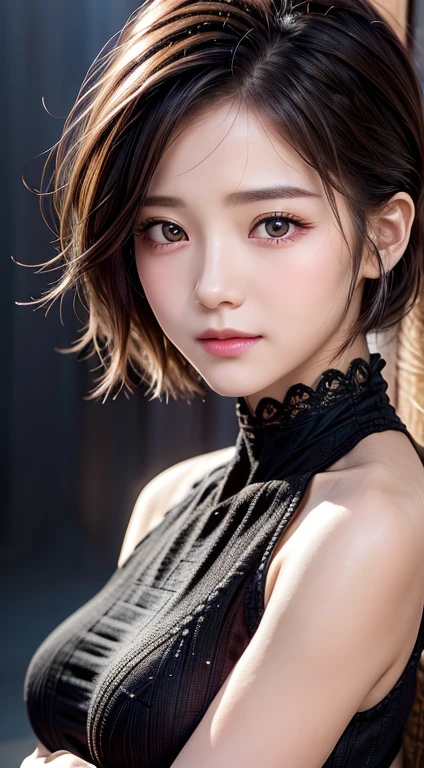 masterpiece, highest quality, Raw foto, photorealistic, smile, beautiful girl, cute, Hair up, Depth of the bounds written, High resolution, Super detailed, details, highly detailed eyes and face, mesmerizing black eyes, Realistic pupils, sharp focus, Cinematic lighting, face on camera, full body photo, ultra realistic photo