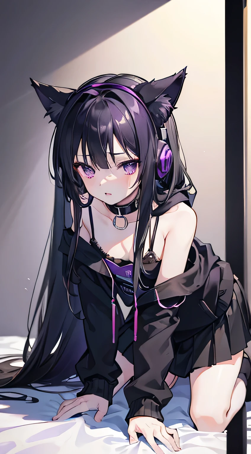 high quality, masterpiece, Very detailed,Long Hair, beautiful girl,Black Hair,Purple eyes,chest,Shoulder Bare,Black hoodie,Short skirt,headphone,Black cat ears,On all fours,Put a collar around your neck,On a lead,Please open your mouth wide,Get help