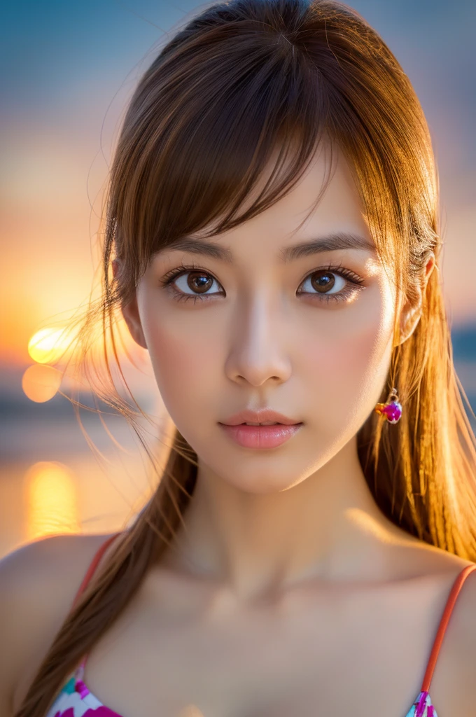 photo realistic, (Generate an image using the yayoi_mix MODEL) ,photo realistic, of the highest quality, (masutepiece:1.3), (8K, Photorealistic, Raw photo, Best Quality: 1.4), Japanese, (1girl in), Beautiful face, (Realistic face), (light brown hair), Beautiful hairstyle, Realistic eyes, Beautiful detailed eyes, (Realistic skin), Beautiful skin, Attractive, High resolution, Hyper-realistic, Highly detailed, Golden ratio, (Sony Alpha 1, 50.1 megapixel full-frame CMOS sensor), (telephoto lens), (Realistic), (High resolution, Best Quality, masutepiece:1.2), Ultra-detailed, beautifull detailed face, FULL ANATOMY, (Beautiful detailed eyes:1.3), Extremely delicate and beautiful, Extremely detailed, Unity, 8K Wallpaper, amazing, finely detail, Ultra-detailed, High resolution, Extremely detailed, extremely detailed eye and face, ((Colorful micro bikini:1.1)), [Ponytail], (huge-breasted, cleavage:1.1), (Sunset beach),