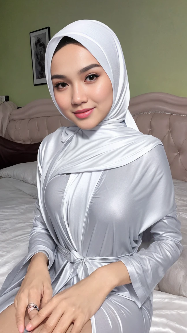 (very cute girl) , (raw photo:1.2), ((17 years old)), (photorealistic:1.4), malay mix korea hyper white skin, realistic skin texture, pale skin, very detailed eyes and face, beautiful detailed eyes, turkish nose, super detailed, high resolution, very detailed, masterpiece,unified, 48k wallpaper, amazing, Fine details, masterpiece, best quality, ((Tight big breasts)), dark brown hair, elegant hair style, light on face, cinematic lighting, 1girl, perfect body, slim abs, skinny, ((1 malay girl , beautiful face)), hyper realistic bright lighting, realistic shadow, ((wearing transparent robe, white color robe)), ((perfectly composition)), (All grey background), perfect ass, sitting down on the bed, bedroom, Open your mouth wide to the maximum:1.2, 90 degrees view from above