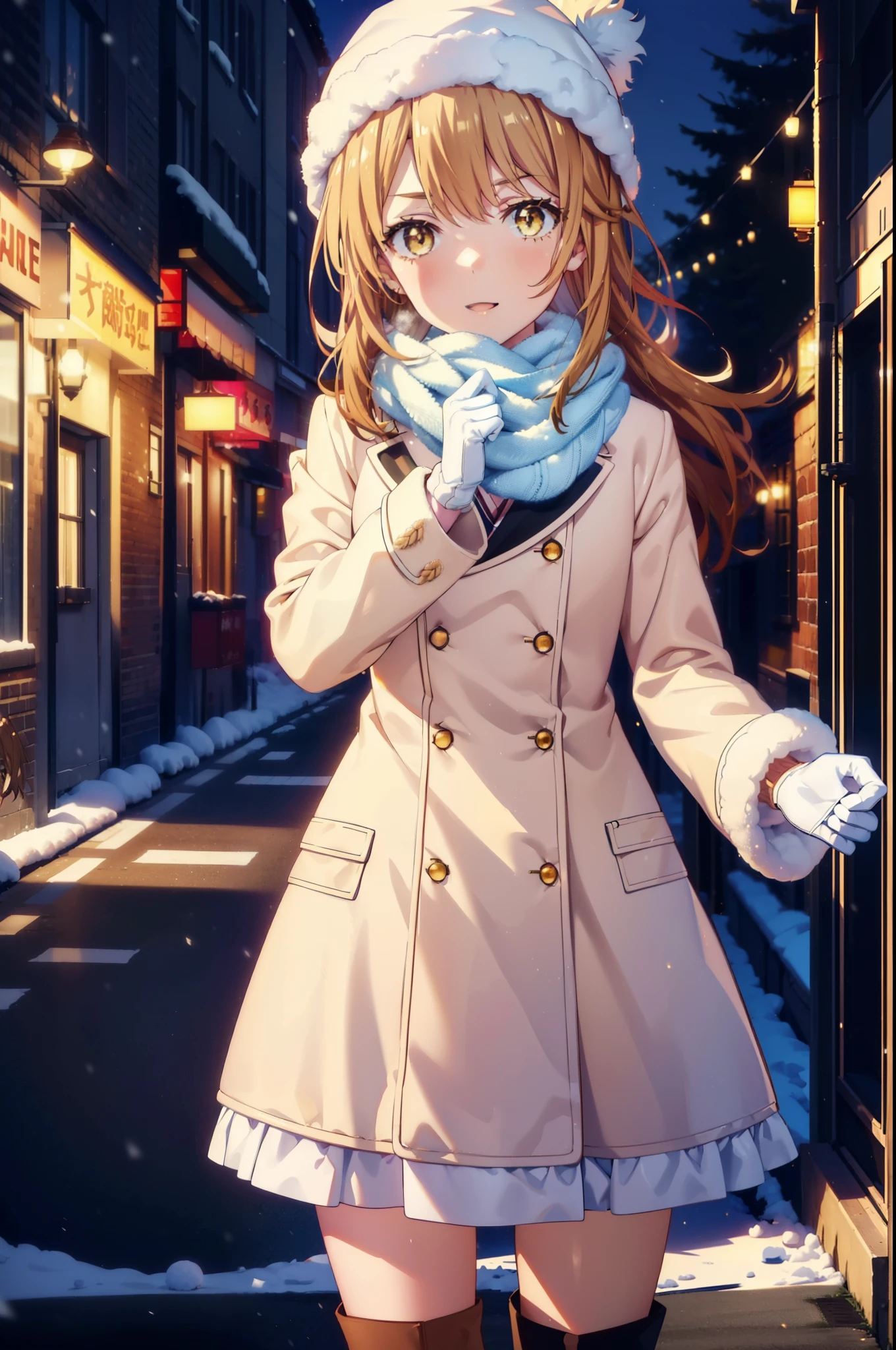 irohaisshiki, Iroha Isshiki, Long Hair, Brown Hair, (Brown eyes:1.5), Hair between the eyes, Pink Hair,happy smile, smile, Open your mouth,Knitted hat,Yellow coat,White scarf,White sweater,He has fluffy gloves on both hands..,Long skirt,black tights,short boots,Shirogane World,Snow is piled up,it's snowing,It's snowing,winter,Cold Sky,moonlight,full moon,night,
break looking at viewer, whole body, Upper Body,(Cowboy Shot:1. 5)
break outdoors, city,Building Street,
break (masterpiece:1.2), highest quality, High resolution, unity 8k wallpaper, (shape:0.8), (Fine and beautiful eyes:1.6), Highly detailed face, Perfect lighting, Highly detailed CG, (Perfect hands, Perfect Anatomy),