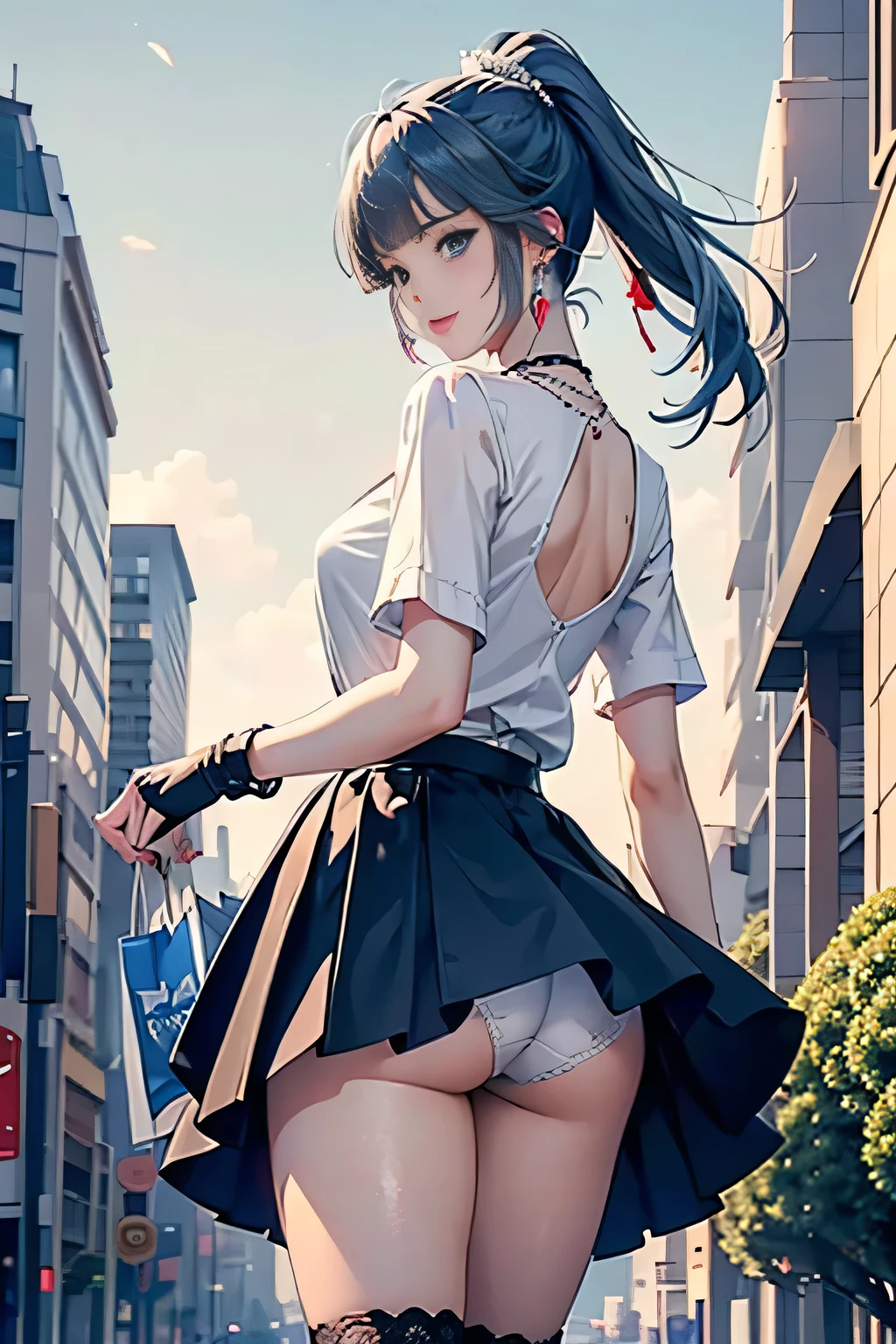 (Vulgar,nsfw),(skirt lift,very windy),(beautiful elegant white panties),very low angle,from below),((masterpiece, highest resolution,best quality)), (beautiful illustration), ((Kamisato Ayaka in Genshin Impact)), ((semi long beautiful silver blue hair,blunt bangs,pony tail,beautiful blue eyes)),(solo),(beautiful elegant office blouse and black skirt,skirt lifted by herself,own hands),(looking at the viewer), (walking around the shopping mall),
(innocent smile, Embarrassed),(white over-kneehighs,Lace chalker, wristband, fingerless gloves, over-kneehighs,
Lace chalker, diamond necklace,wristband, fingerless gloves, earrings), (cinematic lighting, very windy),shopping mall,big city,busy street,day,blue sky,flowers and trees,crowded,(from the ground),(beautiful elegant Underwear patterns),