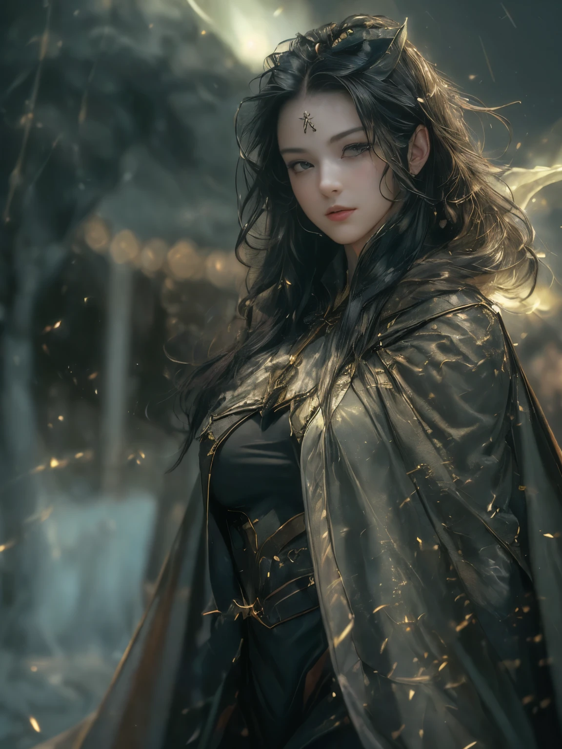 ((((masterpiece, Best Quality, High resolution)))), extremely detailed 8K, {(1 girl:1.6), sexy Beautiful 17 years old girl with slim body, black mage:1.3}(Ultra HD, Ultra-detailed, Highly detailed, Highly realistic, Ultra-realistic, photos realistic),{ deep depth of field, (god ray:1.2), (bounced front lighting:1.1), (soft diffused lighting:1.6) } (1girl:1.5), black long hair, (dynamic sexy poses), (very delicate and natural hair:1.3), facing at camera, light smile, (firm bouncing breasts: 1.6), (very delicate and natural face, very delicate and natural eyes:1.3),(very delicate and natural clothes:1.2),{wearing green (long cape:1.6)}, (night outside, a lot of lightnings in night sky:1.3)