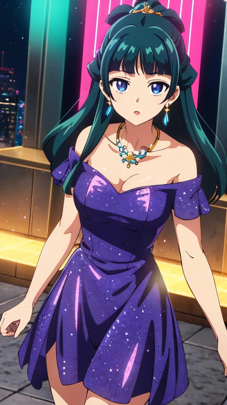 Top quality (8k, high resolution, masterpiece: 1.2), super detailed, anime art style, dynamic angle, teen style, (collarbone, necklace, earrings, party dress, ruffles, earrings, party venue), detailed green hair, detailed blue eyes, intricate hairstyle, long hair , slim body, sparkling eyes, youthful, hair accessories, earrings, half-updo, slightly dull bangs, detailed lighting, bright colors, looking at the viewer, in the center of the image, cowboy shot,