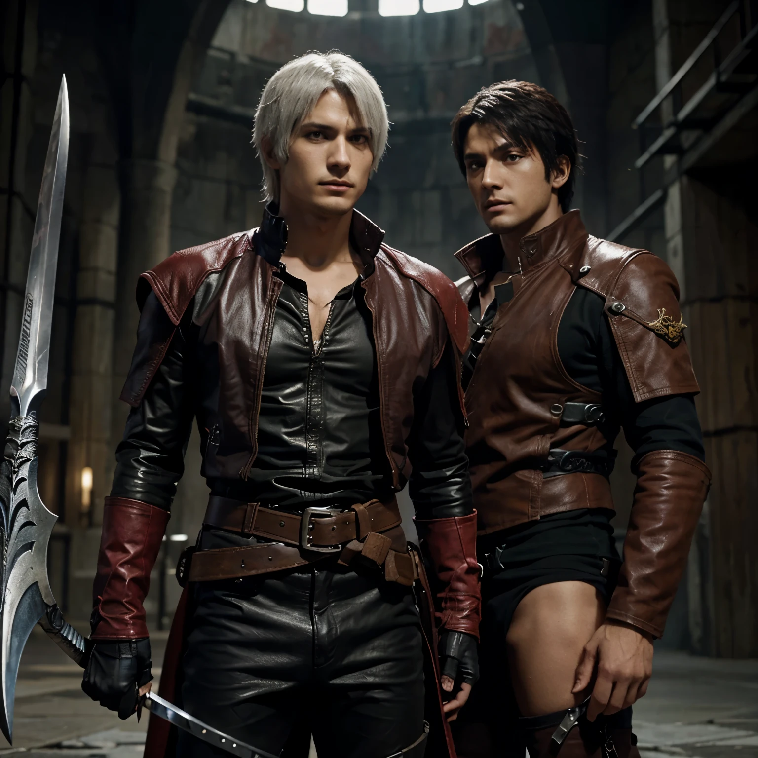 Dante de devil may cry portando la espada Yamato y rebellion con un gesto burlon 