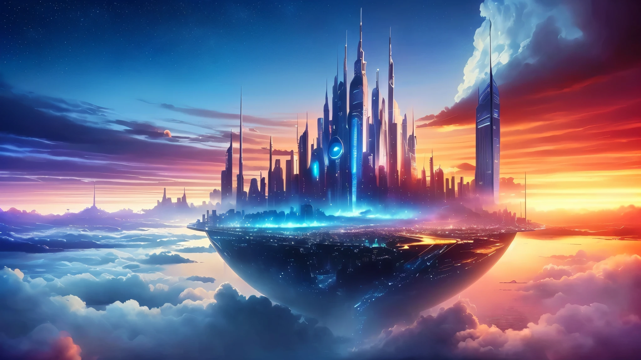 a view of a Sky City with clouds and a sunset, Beautiful cityscape, City above the clouds, floating Sky City, A fantastic starry sky city at dusk, fantasy city background, Sky City, City in the clouds, Fantasy Cityscape, stylized urban fantasy art, Inspired by Cyril Rolland, Surreal cityscape background, Beautiful Art UHD 4K