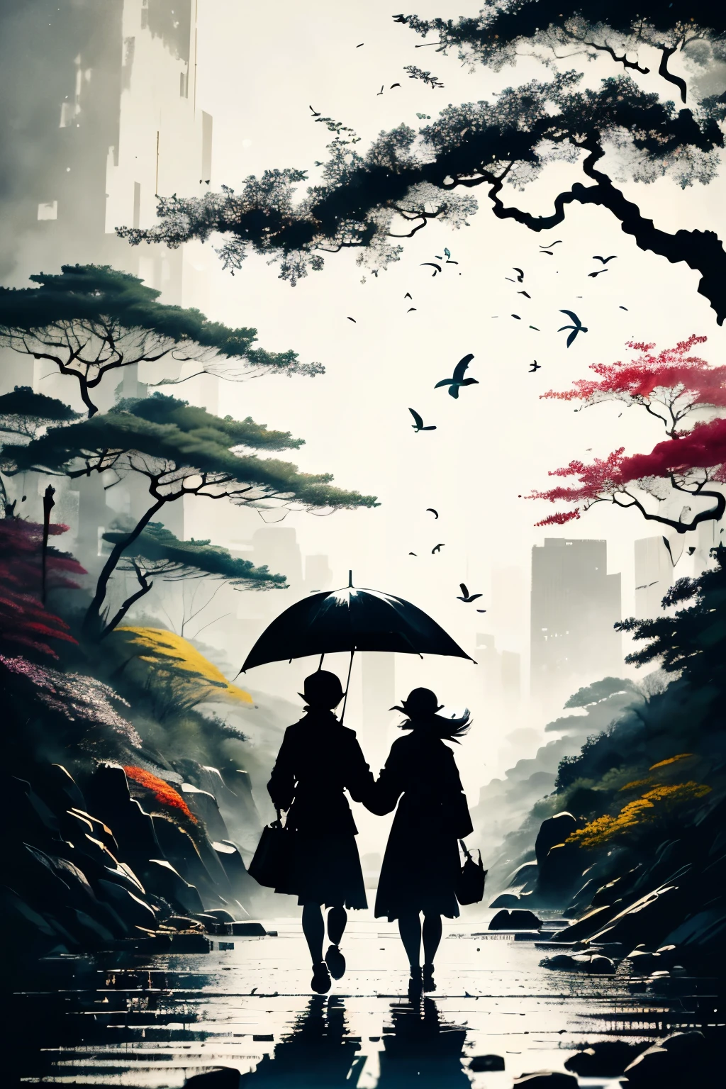 (Masutepiece: 1.5), (Max resolution: 1.5), (Ultra HDTV: 1.5), cinematographic light, 16K resolution, Vibrant colors, Detailed silhouettes of a couple, Sharing an umbrella, Central Park New York, Evening, Fall, Rainy weather, In the style of a very colorful acrylic painting,
Masterpiece, superior quality, immersive image,
A romantic scene,
A couple walking away from the viewer,
Silhouetted against the backdrop of Central Park New York,
In the evening,
Amidst the falling rain,
D
