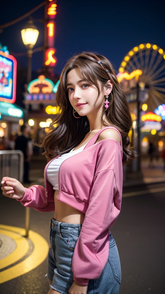 Photorealistic, masterpiece, Best Quality, Raw photo, 1girl, Solo, Cute Japan, Twin-tailed, Dark Brown hair, Detailed face, alluring face, pretty cute smile、pink eyes, earrings、Neon Shirt、Open jacket、croptop, medium breasts, Dynamic Pose, Looking at Viewer, From below, Detailed amusement park background, high detailes, Ray tracing, depth of fields, lowkey, cinematic lightings, realistic skin, full body