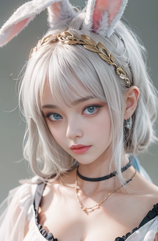 18 years old, Close up portrait of woman in Ancient Greek clothing、Shoulder out、thin、Serious expression、Short-haired、Deadly position, gorgeous necklace, light milky white porcelain skin, smooth translucent white skin, A seductive anime girl, beautiful and seductive anime woman, ultrarealistic sweet bunny girl, pale porcelain white skin, Smooth and realistic perfect body, Anime girl cosplay, realistic shadow perfect body, guweiz masterpiece
