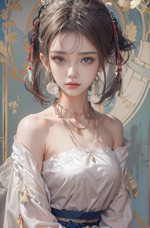 18 years old, Close up portrait of woman in Ancient Greek clothing、Shoulder out、thin、Serious expression、Short-haired、Deadly position, gorgeous necklace, light milky white porcelain skin, smooth translucent white skin, A seductive anime girl, beautiful and seductive anime woman, ultrarealistic sweet bunny girl, pale porcelain white skin, Smooth and realistic perfect body, Anime girl cosplay, realistic shadow perfect body, guweiz masterpiece